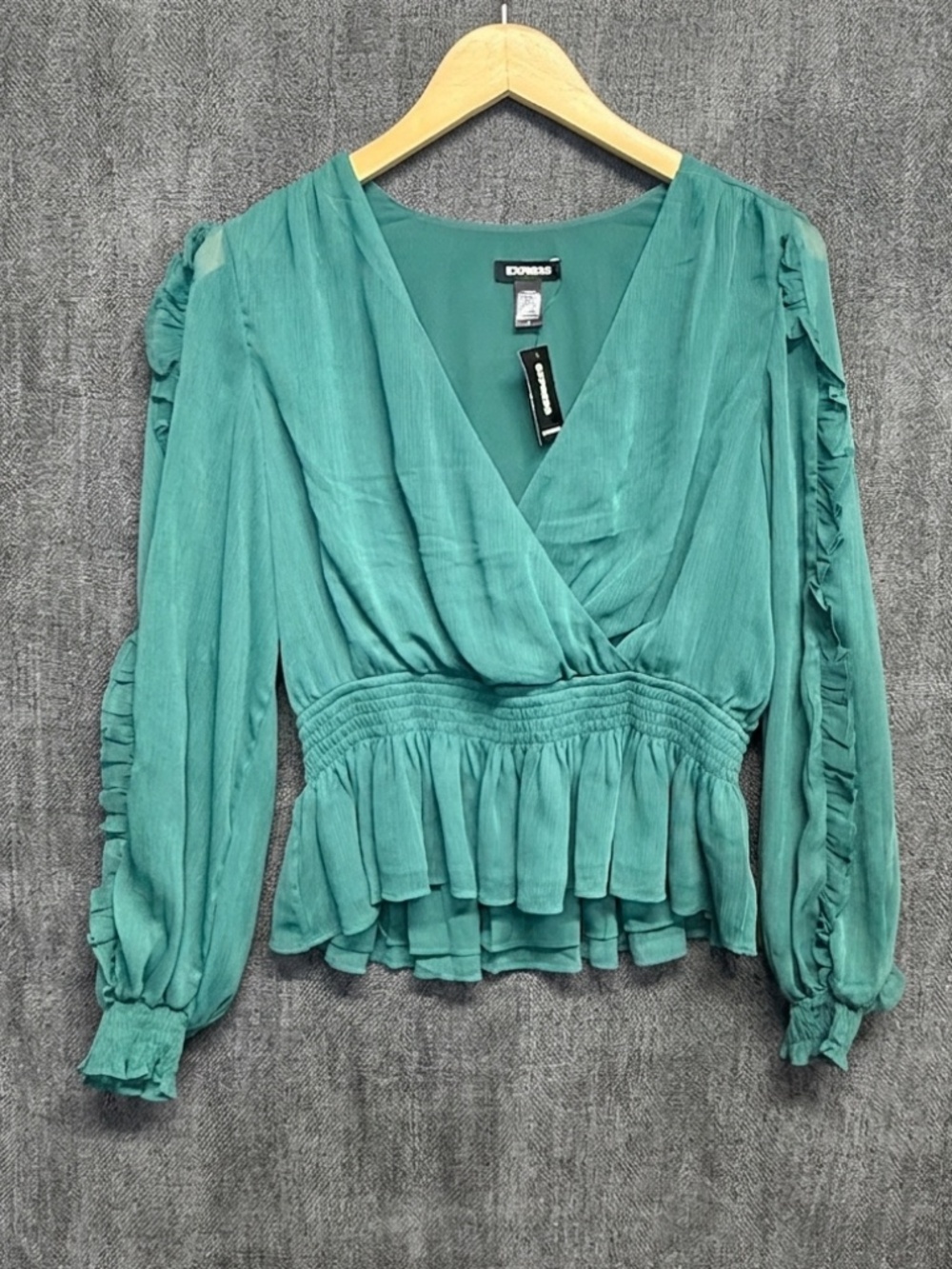 Express Emerald Green Faux Wrap Peplum Medium Ruffle Sleeve Smock Cottagecore